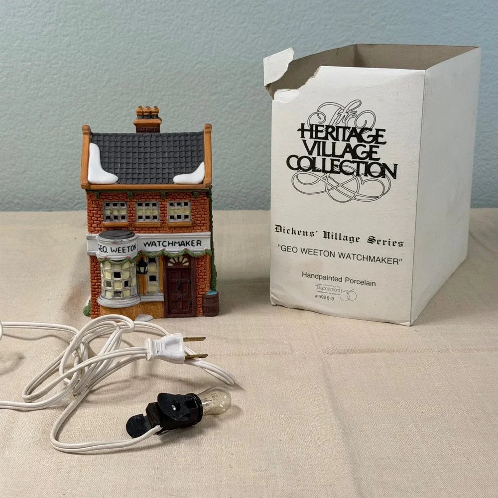 Vintage Lighted Christmas Village House Porcelain Watchmaker w Box & Cord Decor